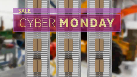 Animation-of-cyber-monday-text-over-cardboard-boxes-on-conveyor-belts-in-warehouse