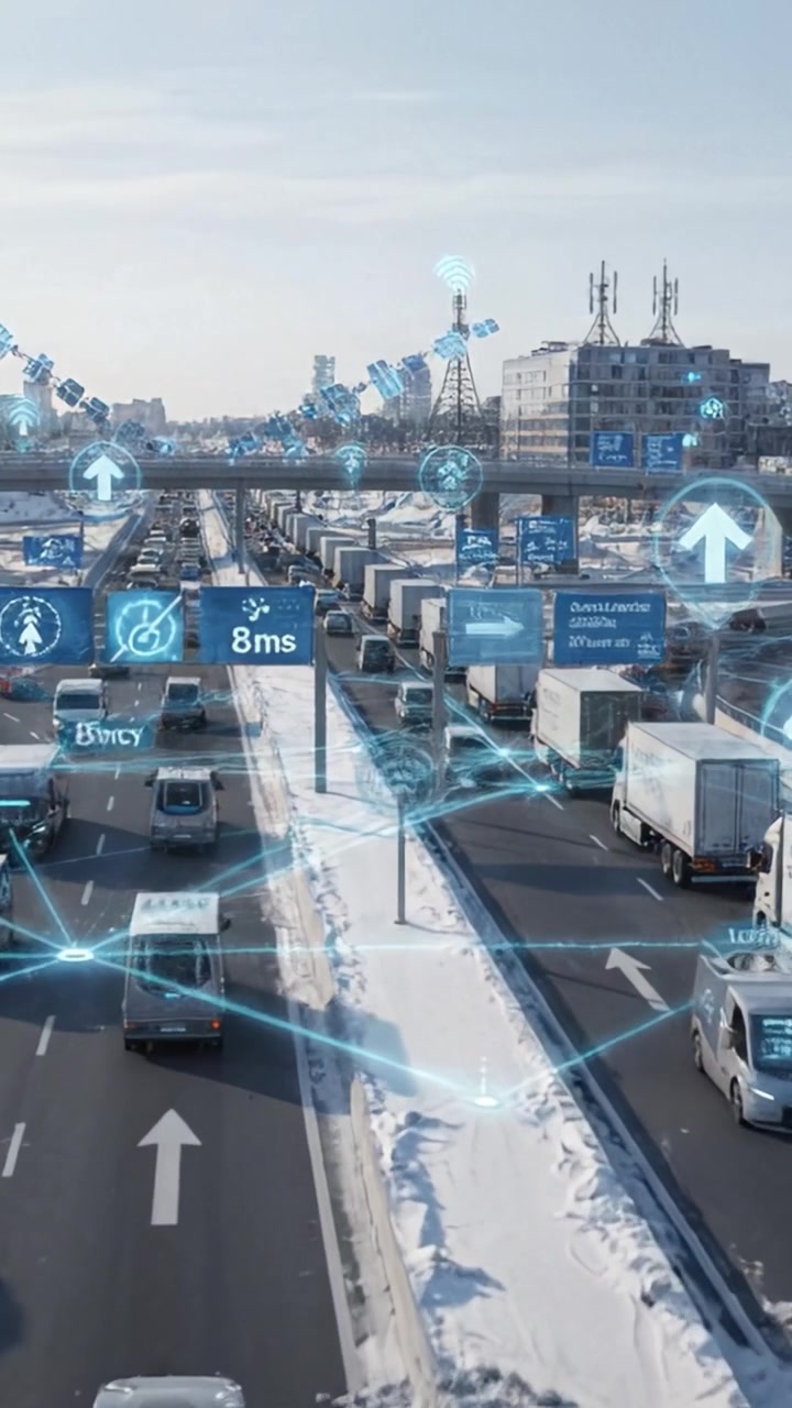 Un'autostrada trafficata piena di camion e veicoli, che mostra una sovrapposizione digitale di dati sul traffico, tecnologia intelligente e segnali di comunicazione in un ambiente urbano innevato.