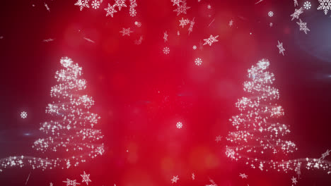 copos de nieve cayendo sobre la estrella fugaz formando dos árboles de navidad en fondo rojo