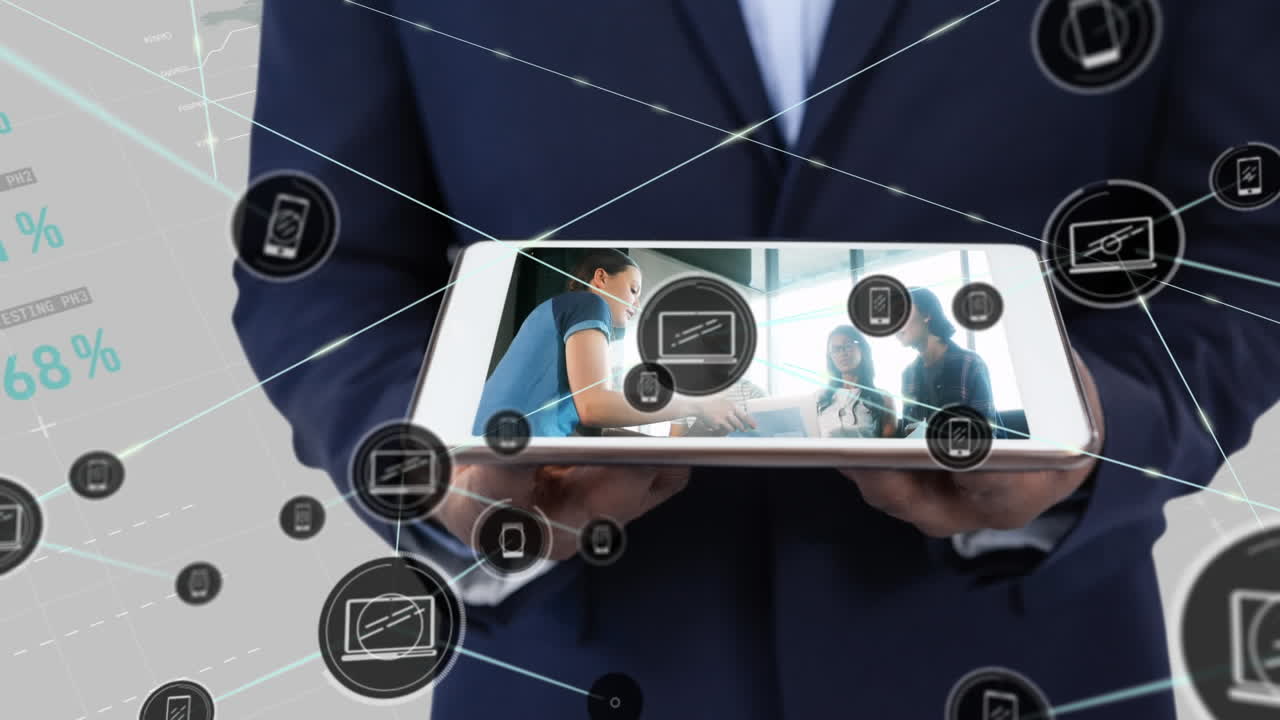Animation of network of connections over caucasian man holding smartphone with business people