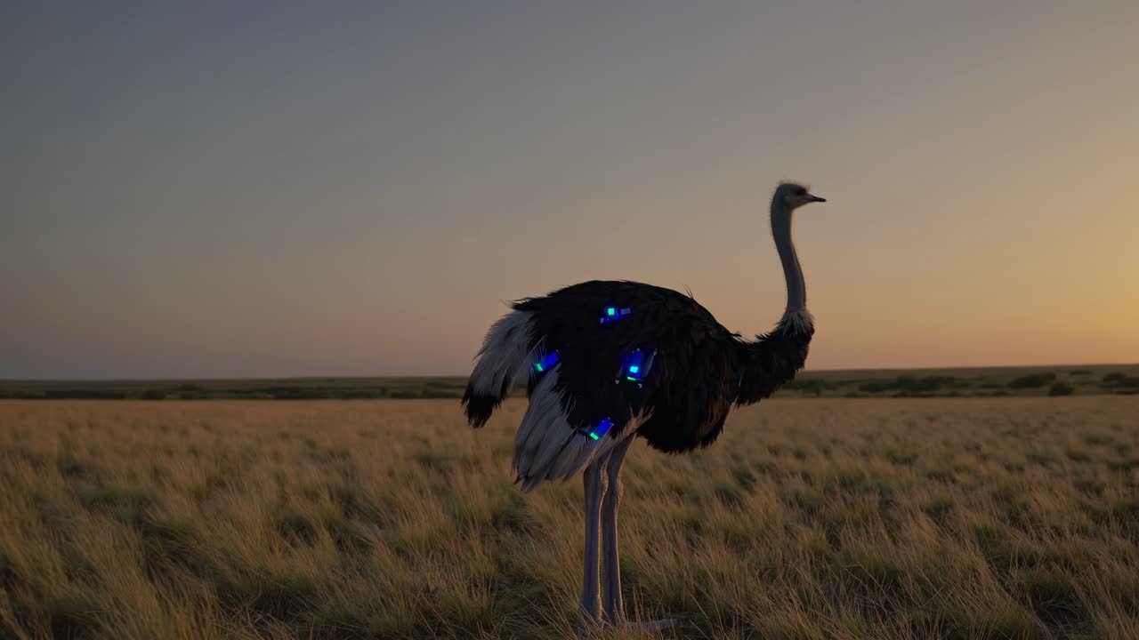 Ostrich with Tracking Devices at Sunset