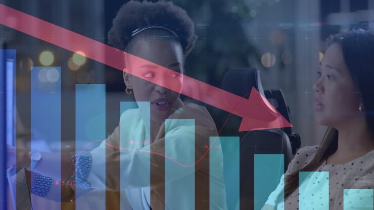 Animation of financial data processing over diverse businesswomen in office