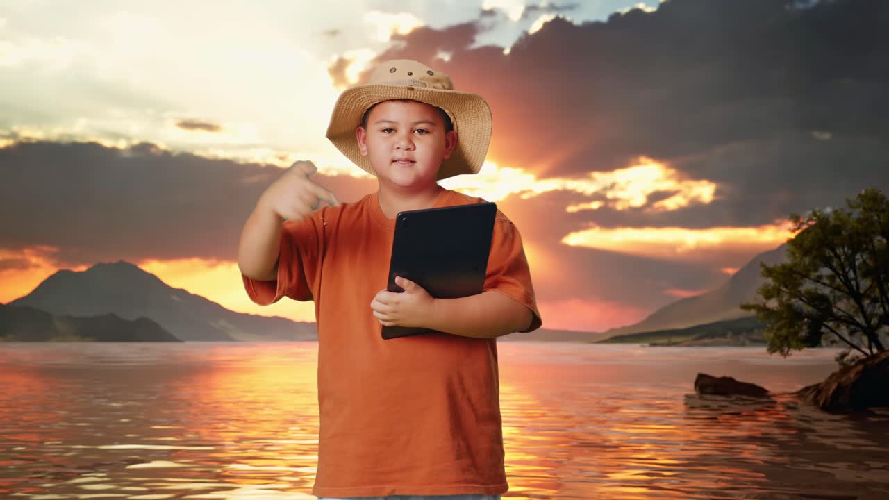 Asian Boy With A Hat Smiling And Pointing To A Tablet At A Lake. Boy Researcher Examines Something, Travel Tourism Adventure Concept