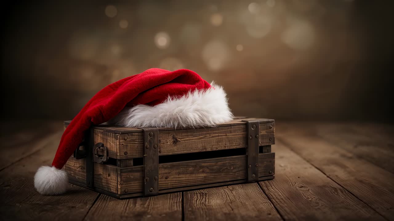 Inquadratura con zoom su una cassa sormontata da un cappello da Babbo Natale rosso e un pon pon su un pavimento di legno, che mostra le venature