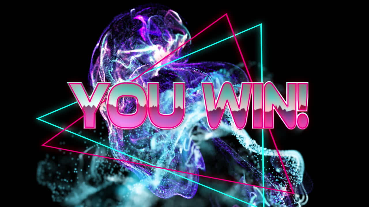 검은색 배경의 다채로운 모양 위에 텍스트를 이기는 애니메이션