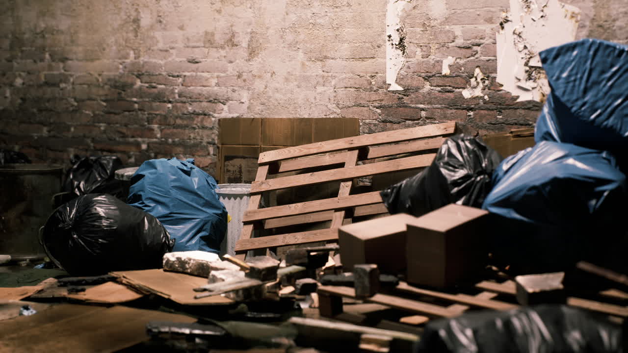 Cluttered warehouse filled with trash bags and debris
