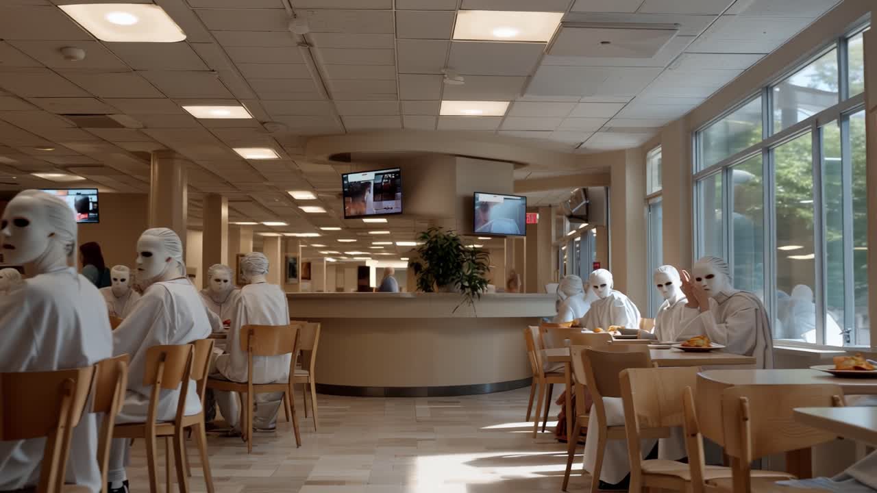 Máscaras blancas cubren todos los rostros. Batas blancas cubren todos los cuerpos. Se sientan en mesas en la cafetería de un hospital. Nadie se mueve, nadie habla. La escena se siente antinaturalmente quieta y silenciosa
