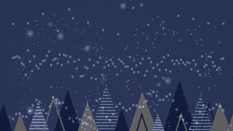 Animation-of-falling-snow-over-forest-on-dark-background