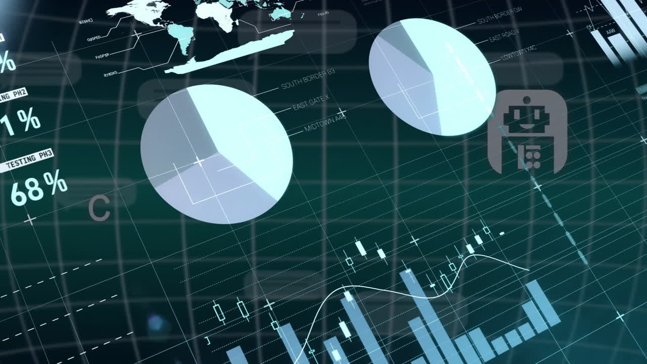 Financial data and analytics animation over graphs and charts