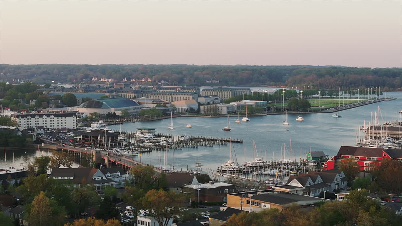 Marina At Spa Creek With United States Naval Academy And Rip Miller Field In Annapolis, Maryland, USA. - aerial shot