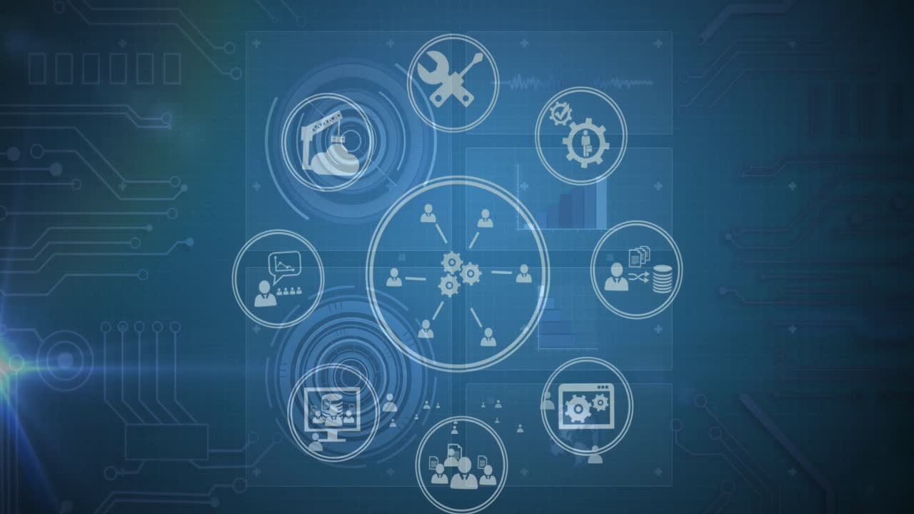 animación de iconos tecnológicos y procesamiento de datos en pantalla digital verde