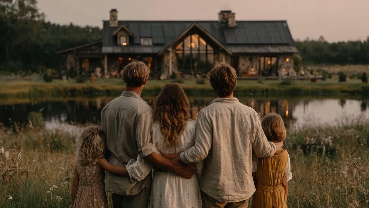 A Serene Family Reunion at Dusk: Embracing Nature's Tranquility in Front of a Cozy Home Reflecting Warmth and Togetherness
