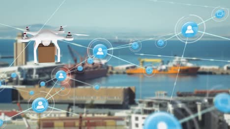 animation of network of connections with icons over delivery drone with parcel