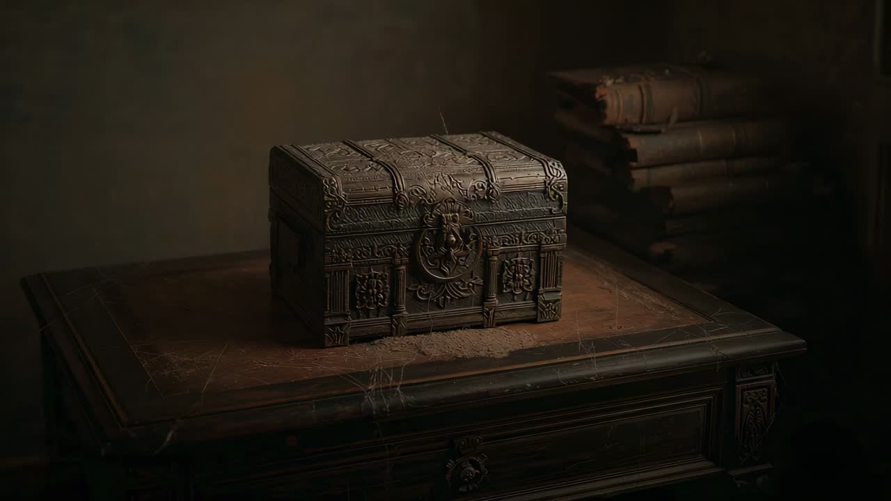 Golden seam appearing, carved chest lifting lid and pouring golden light across dresser, books