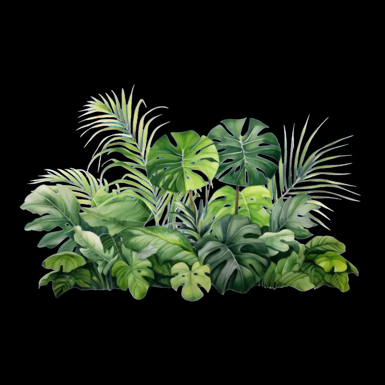 Lush tropical foliage illustration animation isolated asset, transparent 4K video, alpha channel