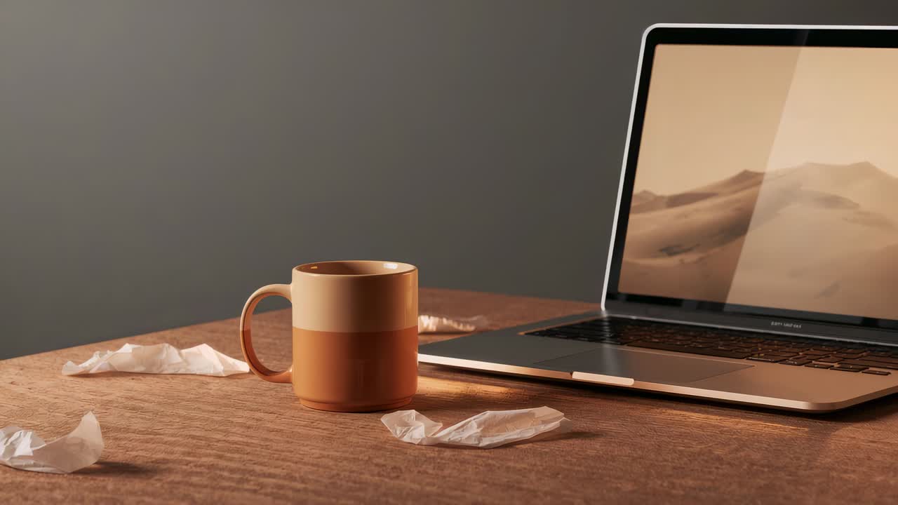 Kamera som zoomer inn og finjusterer rammen mot et tofarget krus på et trebord, med laptop og tørkepapir, tekstplass.