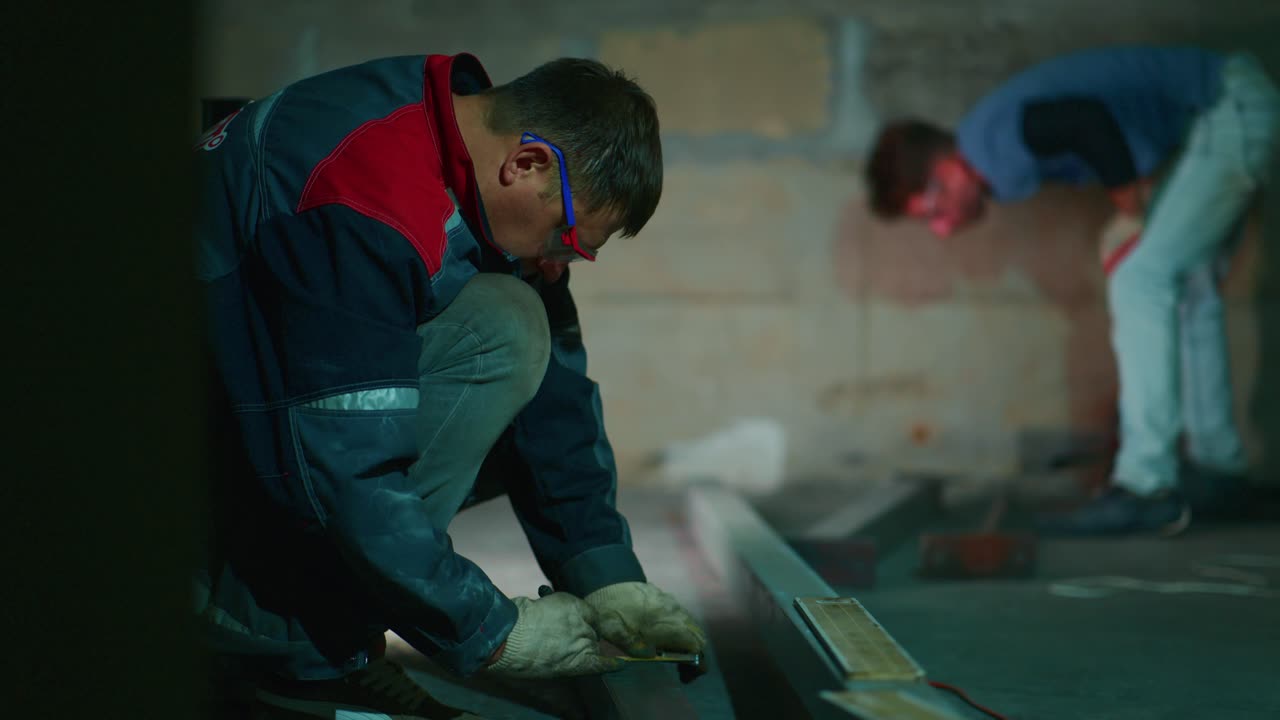 Construction Worker Measuring Metal Beam on Building Site