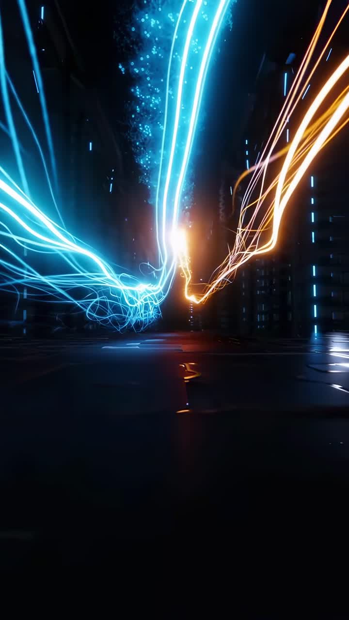 Video dinamico con inquadratura dal basso di scie luminose blu e arancioni che sfrecciano attraverso un tunnel futuristico