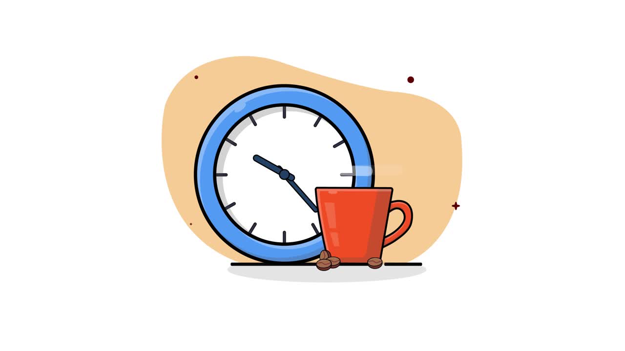 Reloj animado y taza de café con manecillas en movimiento