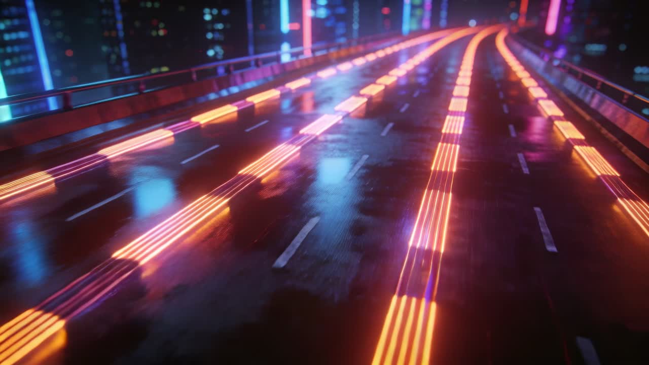 Video verticale: Cavalcavia bagnato che mostra strisce arancioni che si muovono attraverso l'inquadratura, creando un effetto di transito urbano.