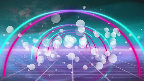 animación de círculos en un túnel con burbujas blancas y cuadrícula con suelo púrpura y fondo azul