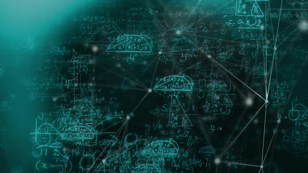 Animation of digital data processing over network of connections on black background