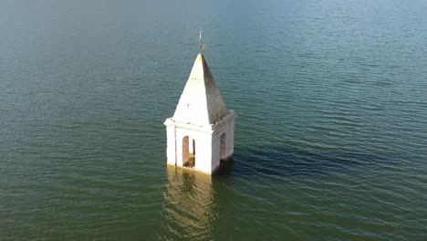 Aerial-views-of-Sau-reservoir-in-Catalonia-with-a-church-in-the-middle