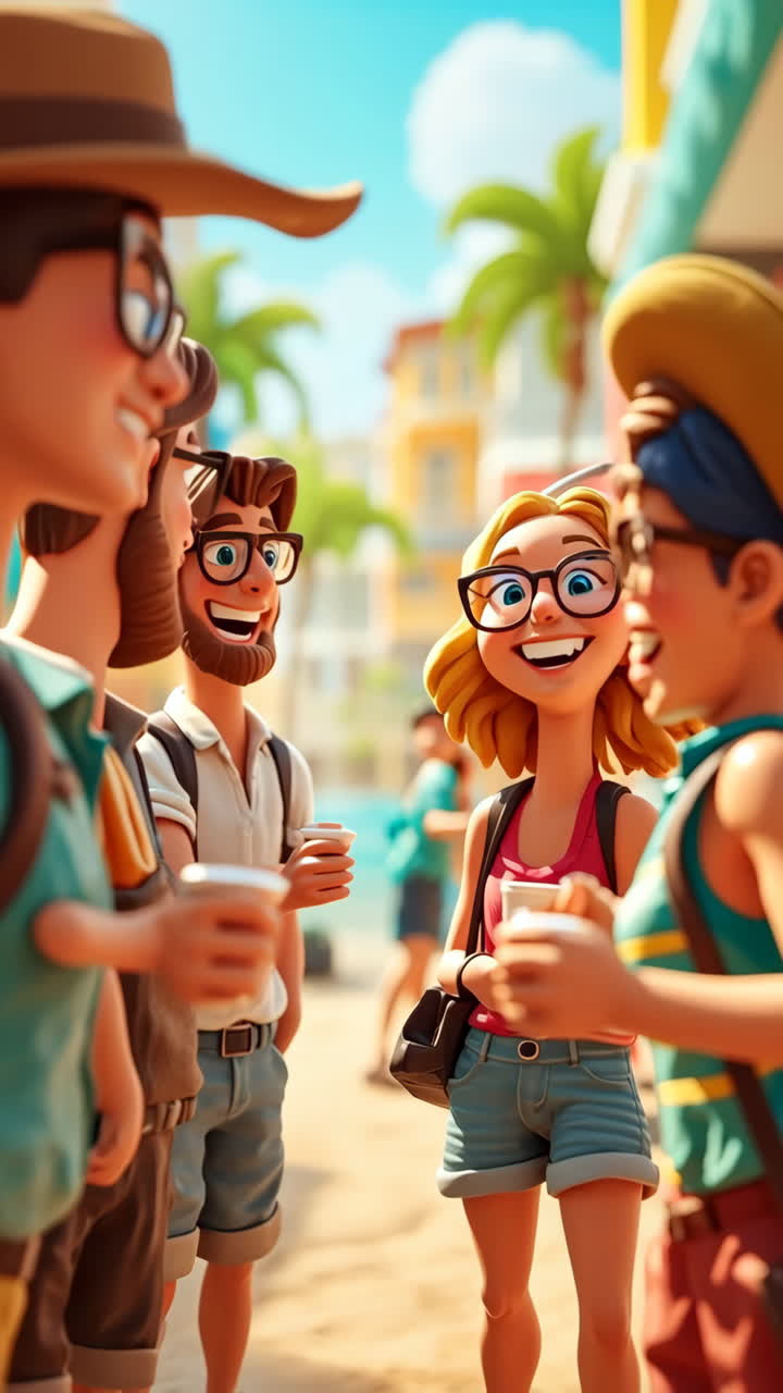 Animated Friends Chatting Outdoors with Drinks