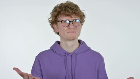 disappointed redhead young man feeling failure, white background