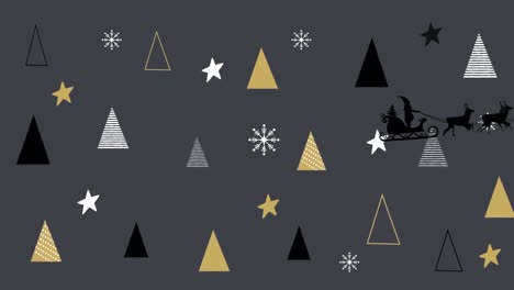 Animation-of-christmas-trees-and-santa-in-sleigh-with-reindeer-on-black-background