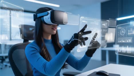immersive technology experience: a user interacting with virtual reality in a digital environment, manipulating data and graphics with advanced vr equipment