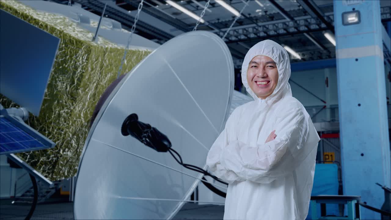 Side View Of Asian Male Scientist Crossing His Arms And Smiling With Spacecraft Construction