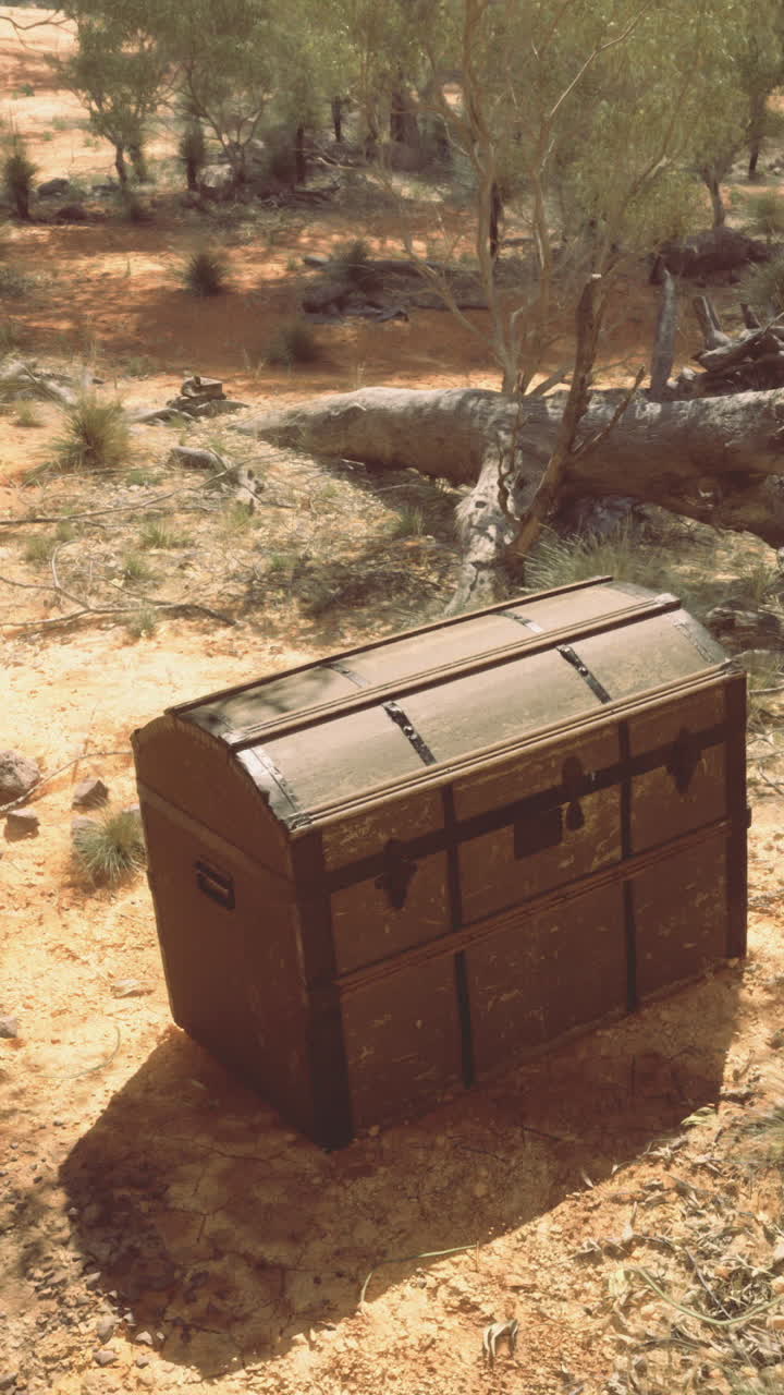 Schatztruhe entdeckt im staubigen australischen Outback unter sonnenbeschienenen Bäumen
