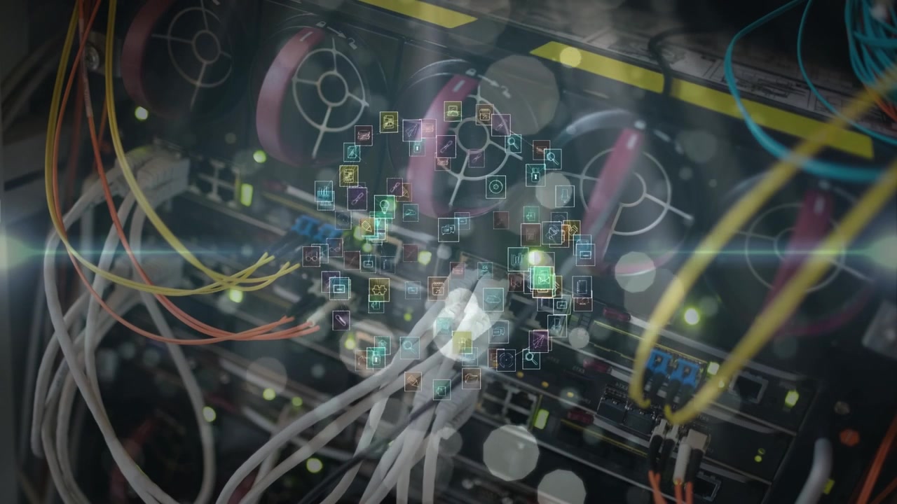 Digital Data Icons Overlaid on Network Server Rack