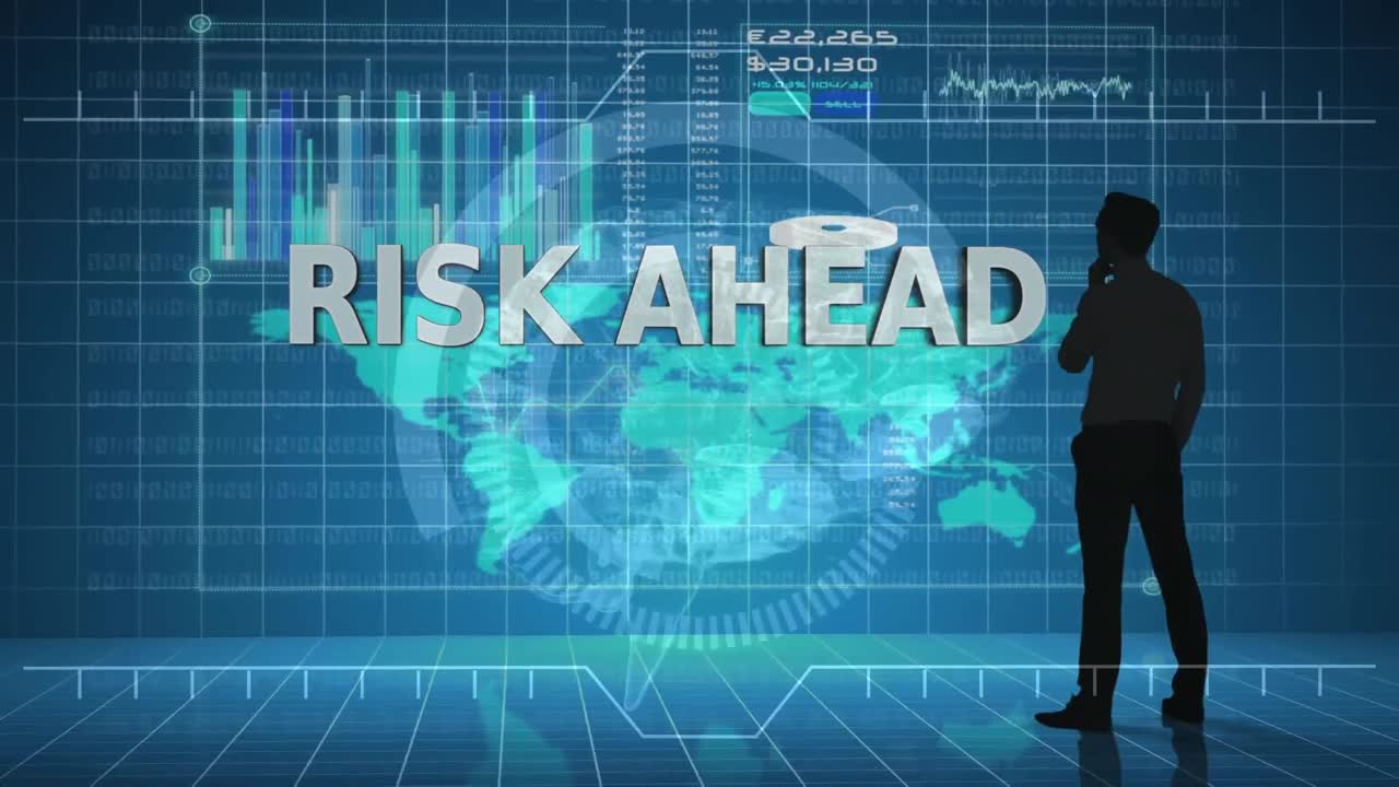 animación de un hombre de negocios reflexivo sobre el texto de la cabeza de riesgo sobre el círculo, el globo terrestre y el gráfico contra el mapa.