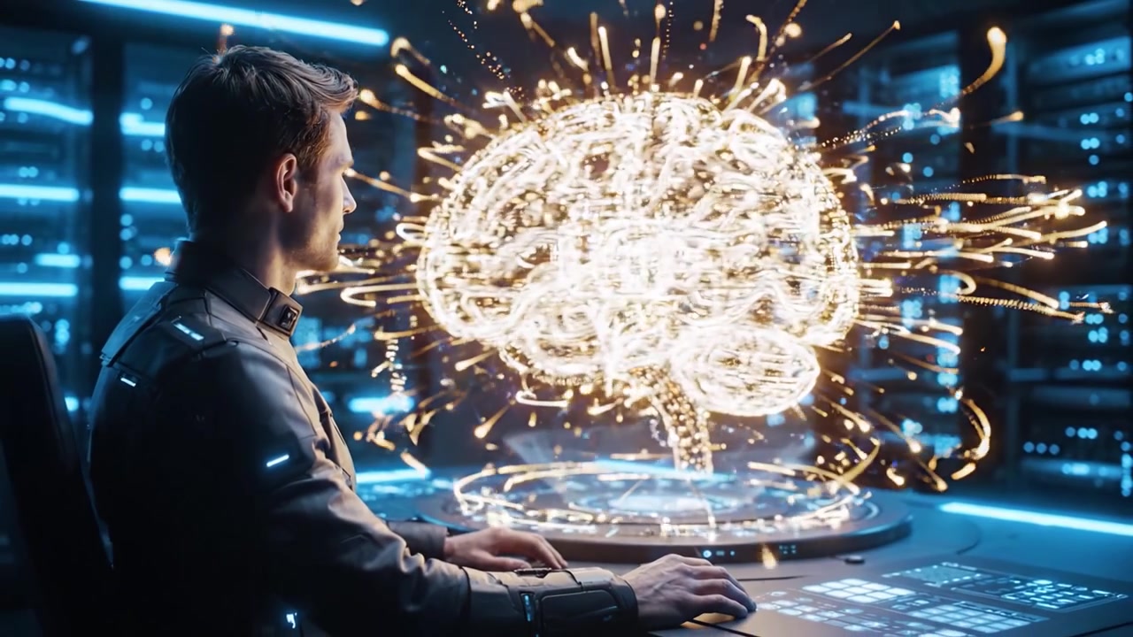 A Futuristic Scientist Engages with a Dynamic Digital Interface, Exploring Advanced Neural Concepts Through Animated Visualizations in a High-Tech Laboratory Environment