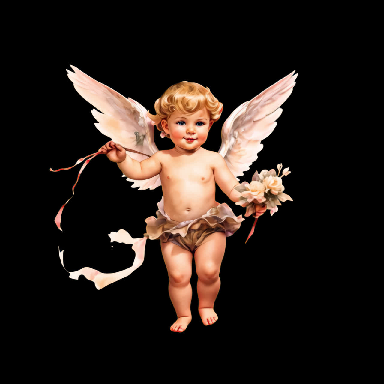 Cherubic angel with floral bouquet animation isolated asset, transparent 4K video, alpha channel