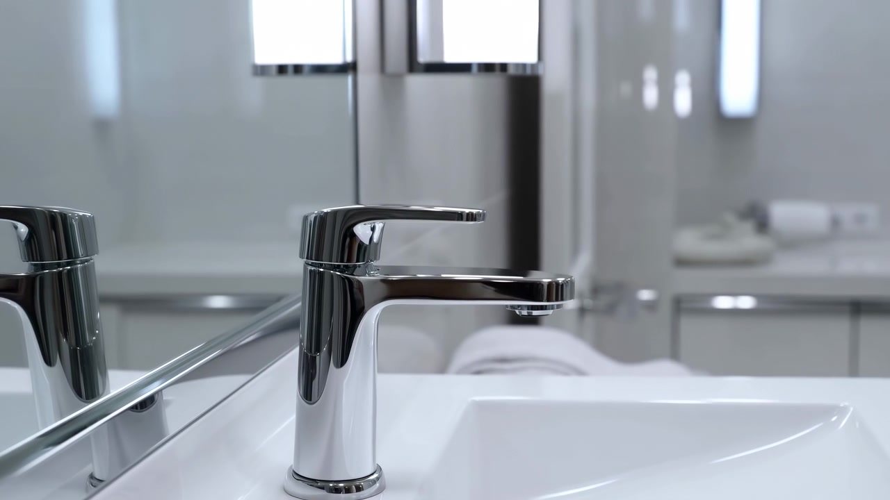 Modern banyoda beyaz seramik lavabonun üzerinde krom musluk duruyor; ayna yansıması, yumuşak bulanık arka plan, soğuk nötr renkler, cilalı metal, pürüzsüz porselen ve parlak dağınık ışık ile.