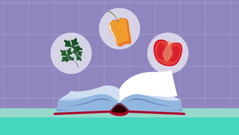 libro de recetas de cocina con animación de verduras