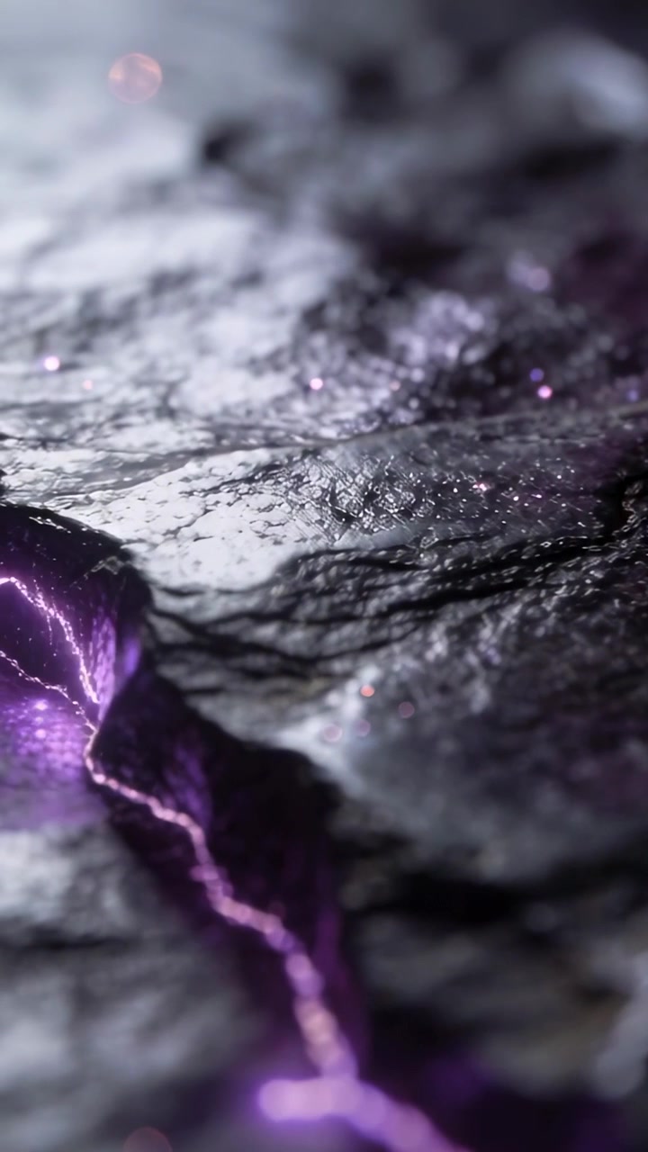 Vidéo verticale : Caméra se déplaçant, révélant une fissure violette pulsante sur un rocher en gros plan pour montrer des étincelles.