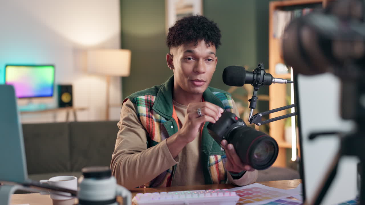 Man recording podcast in his office