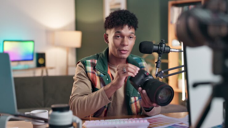 Man recording podcast in his office