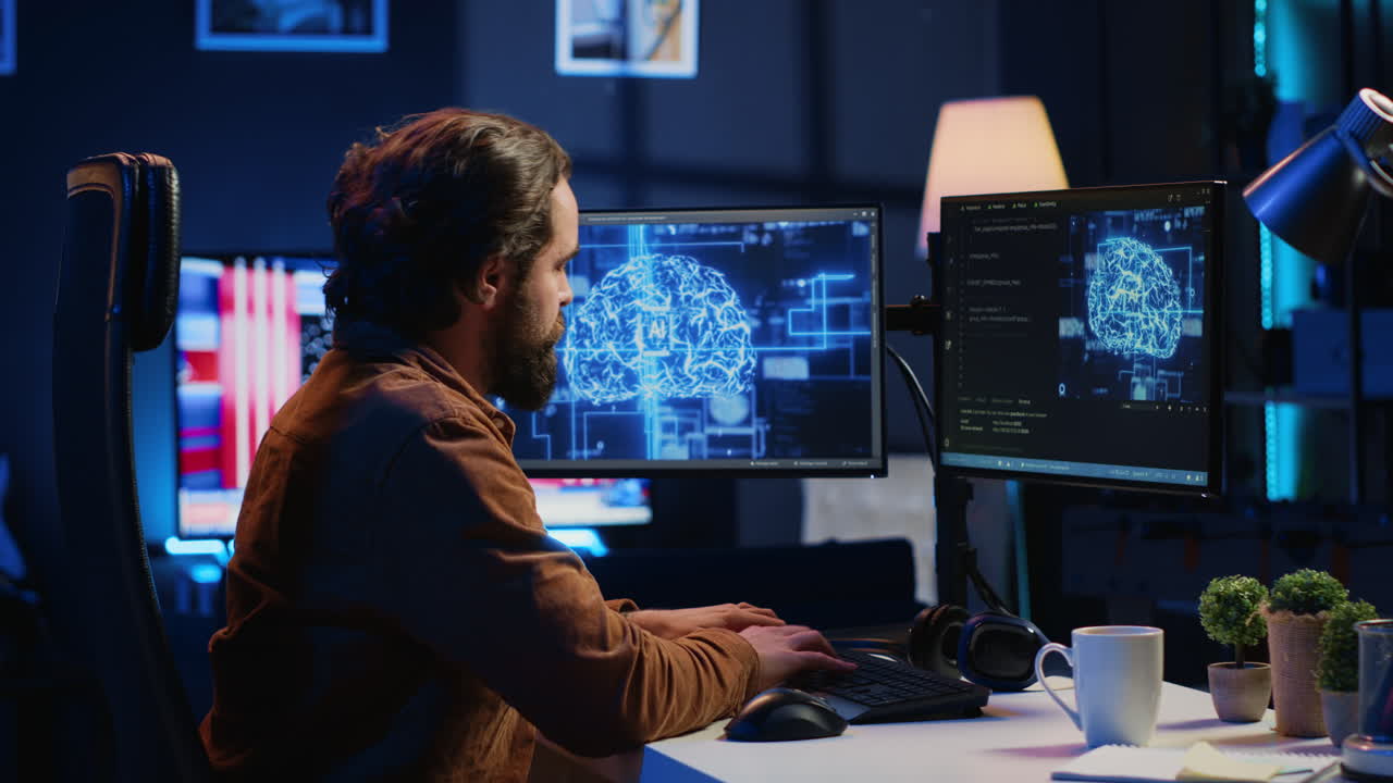 Teleworking IT employee runs AI script on computer from home office