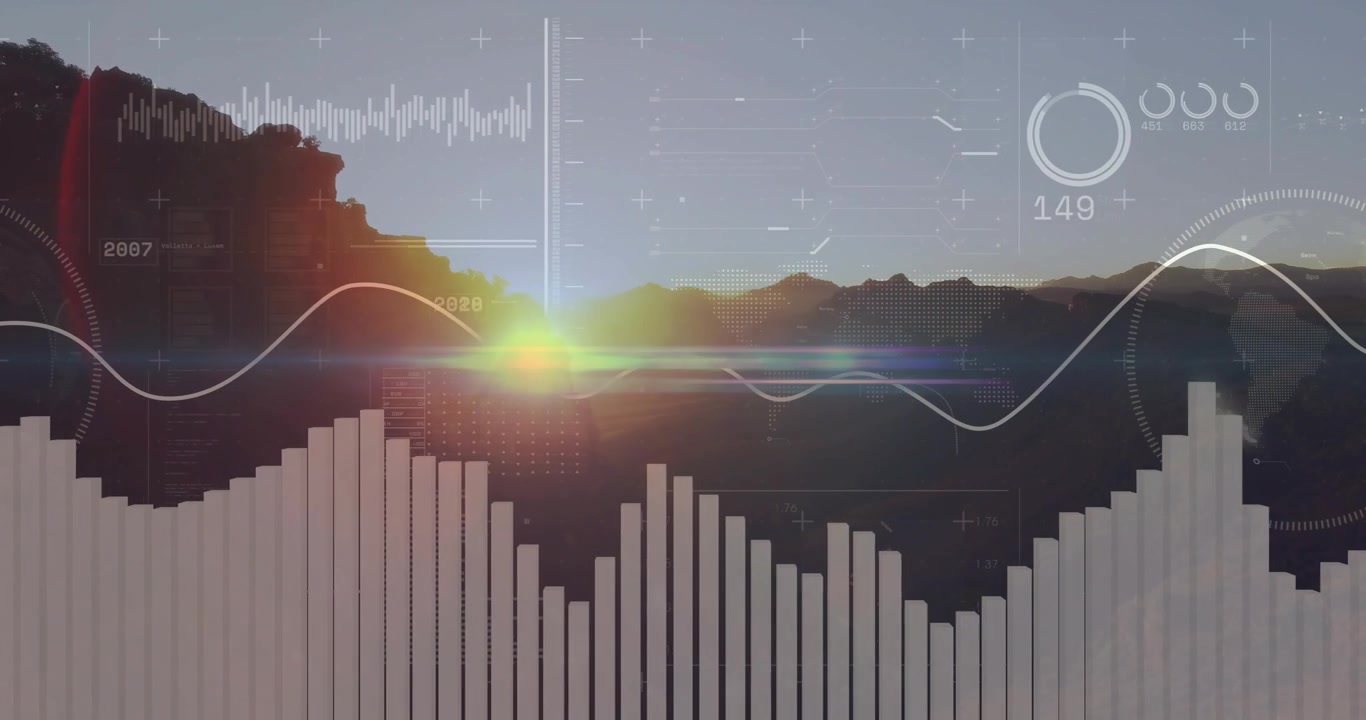 Sun rising over ridge, activating tech HUD overlays, sweeping lens flare, animating waveform bars