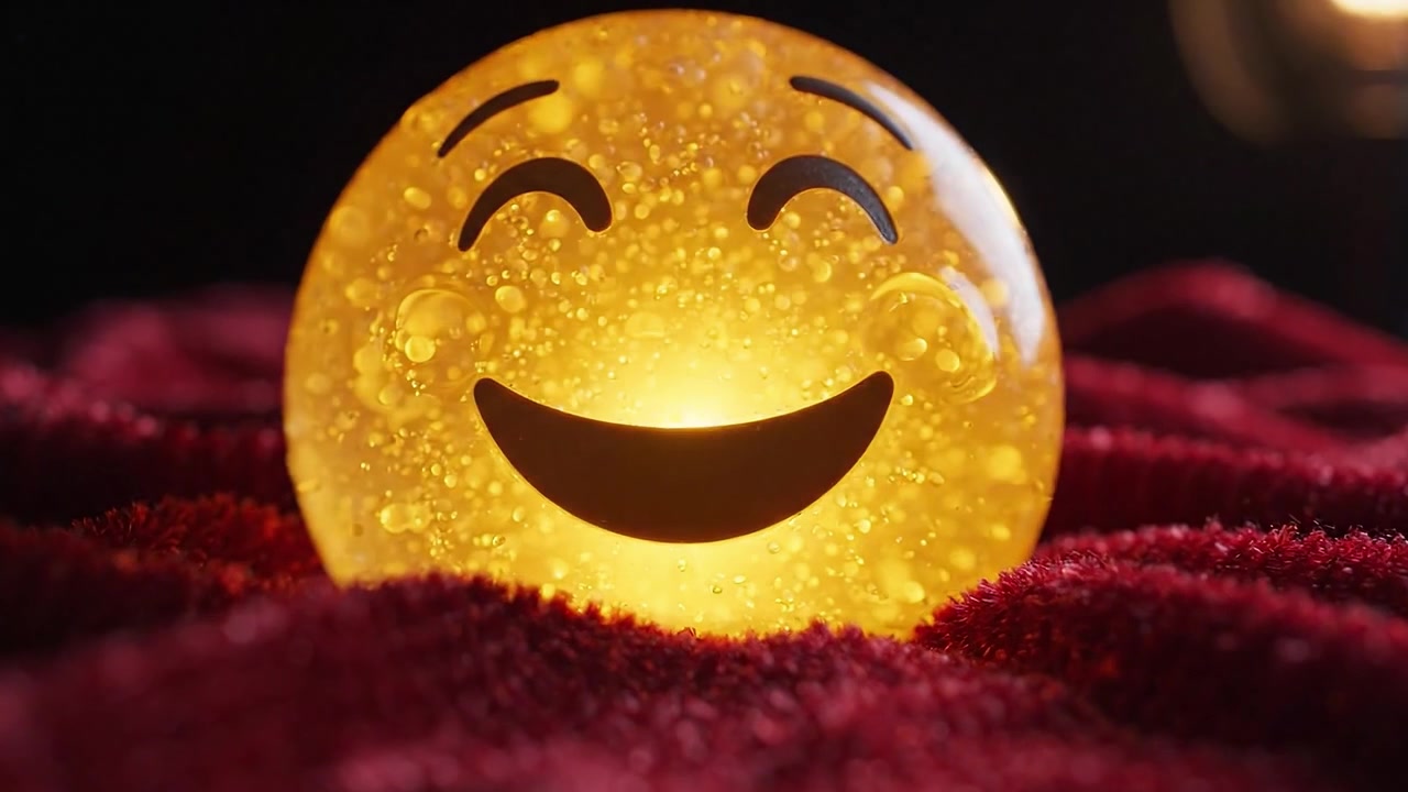 Neşeli İfadeli Parlak Sarı Bir Emoji, Peluş Kırmızı Bir Arka Planı Aydınlatarak Dokulu Yüzeyini ve Baloncuk Detaylarını Çarpıcı Bir Yakın Çekimde Vurguluyor.