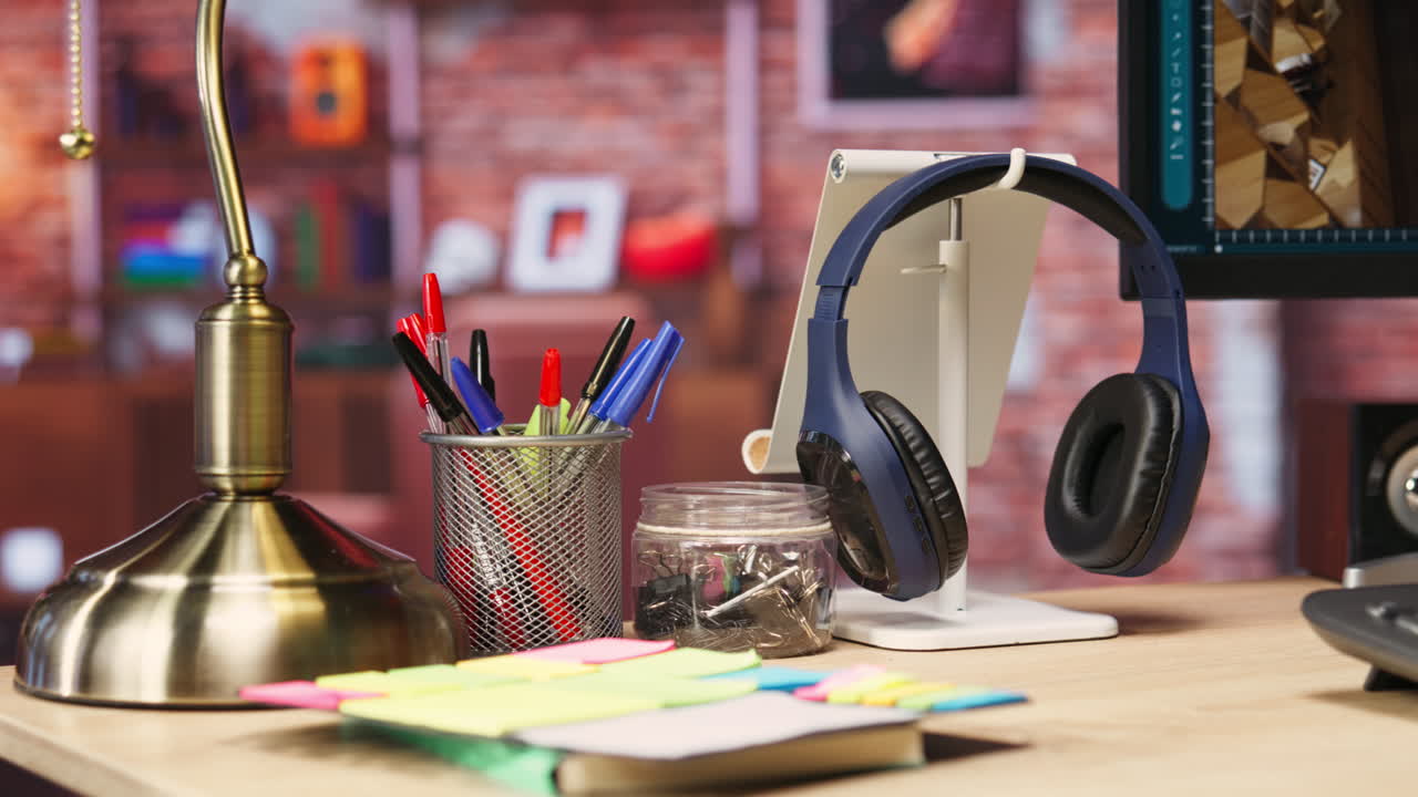 Close up of headphones on home office desk next to PC screen