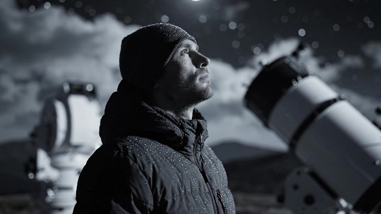 Arka Planda Teleskoplarla Yıldızlı Gece Gökyüzünün Altında Evreni Seyreden Bir Astronom, Evrenin Harikasını ve Gizemlerini Keşfediyor.