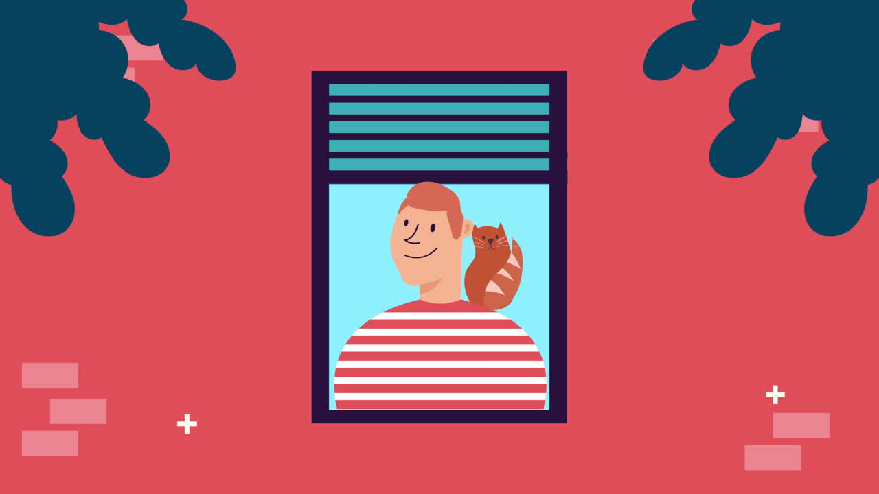 아파트 창문에 고양이를 가진 남자 집에 머물 캠페인