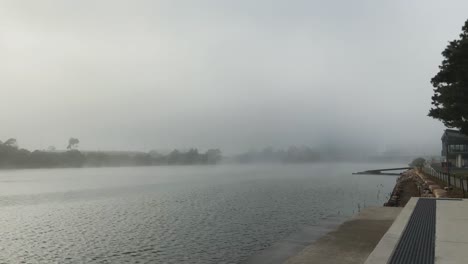 tilting up shot of cooks river near sydney international airport covered with thick fog