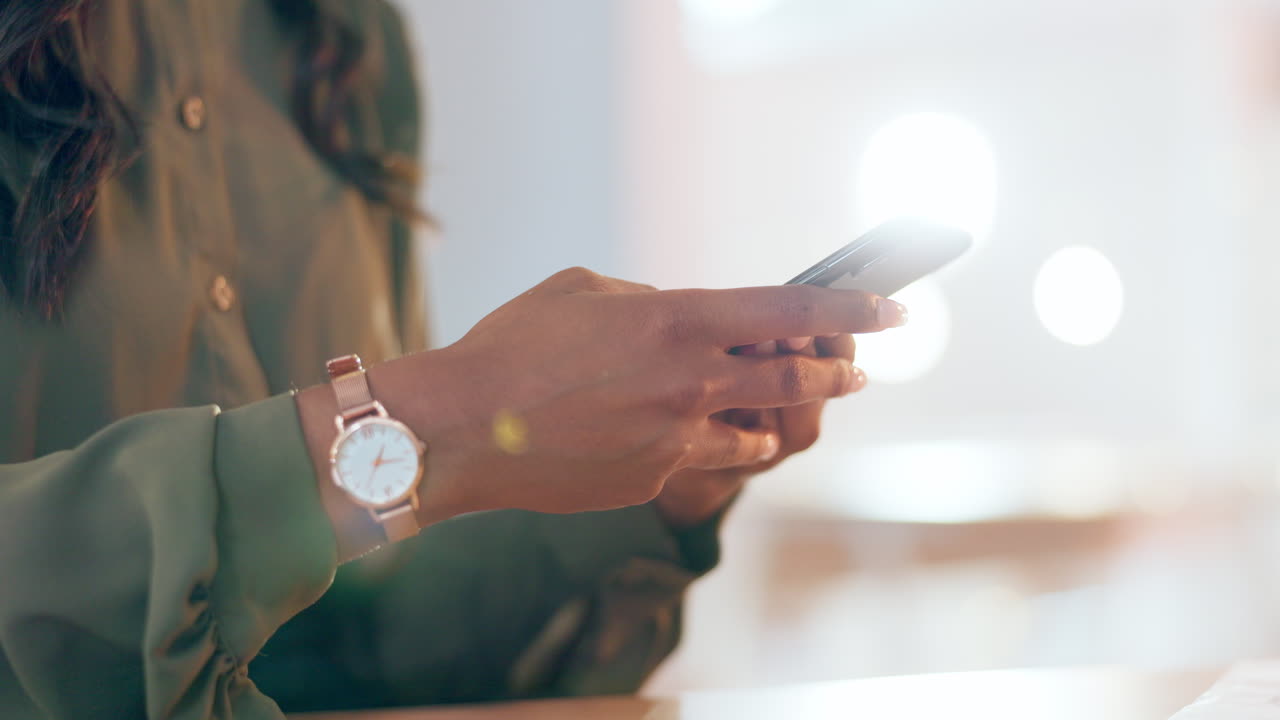 Woman, hands and typing on smartphone